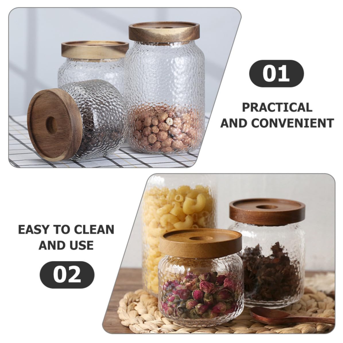 Tarros Herméticos Capacidad 350ml, 500ml y 700ml Juego de 3 de Vidrio con Tapa de Madera de Acacia Recipientes Multipropósito para Almacenamiento de Café y Té