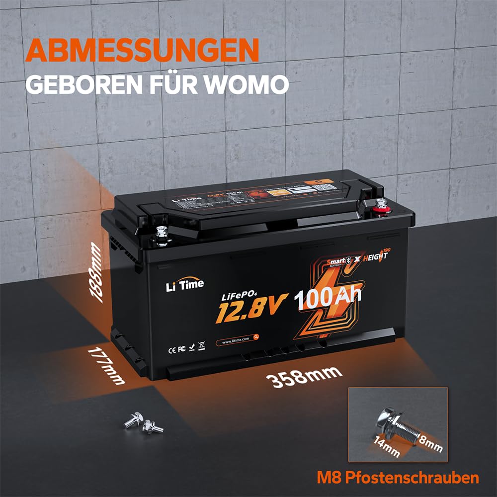 LiTime 12V 100Ah LiFePO4 Batterie Bluetooth H190, Wohnmobil-Untersitz DIN H8 L5 Größe Gruppe 49, 100A BMS 1280Wh Lithium Akku Tieftemperaturschutz Max. 15000 Zyklen, Perfekt für Camping, RV