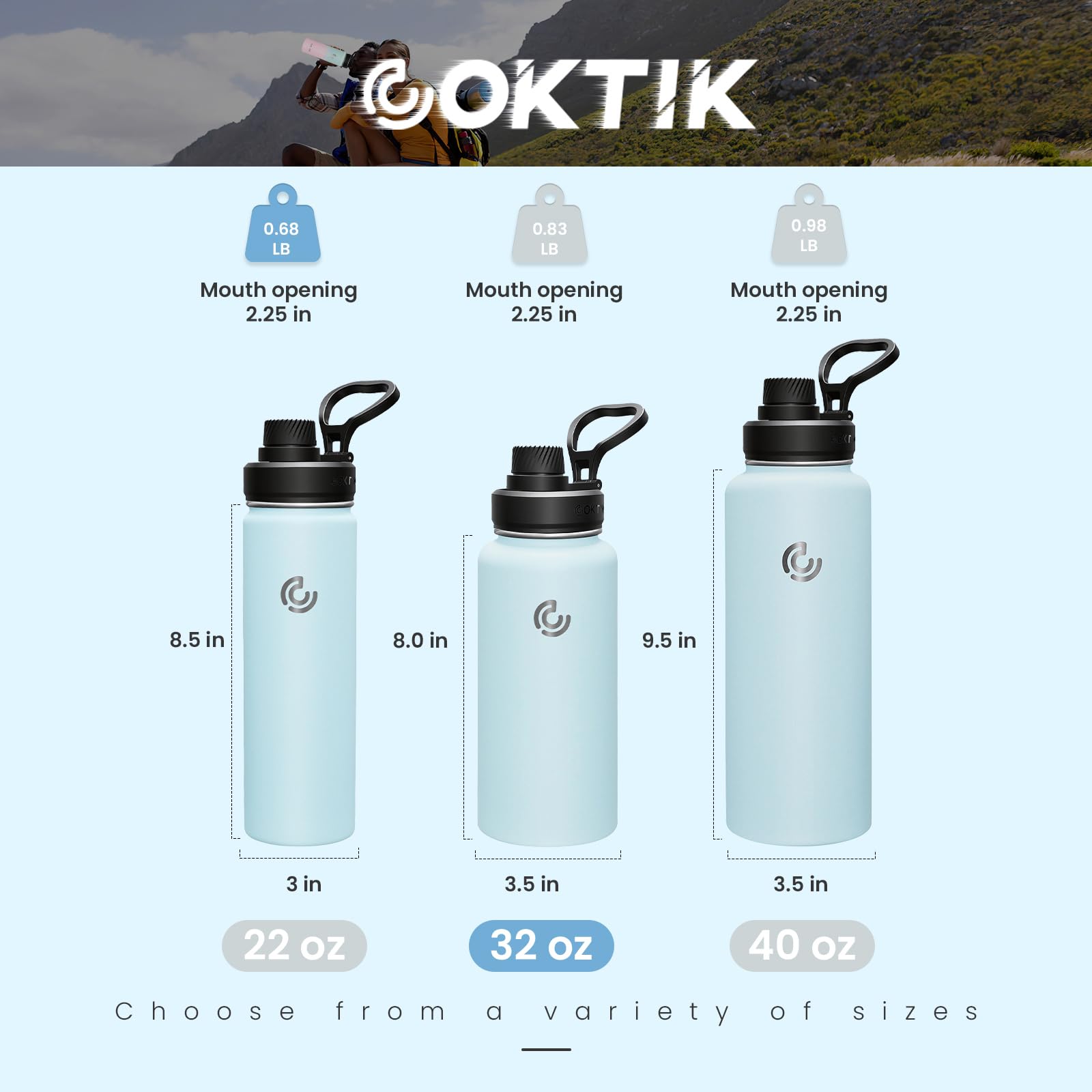 COKTIK Izolowana butelka na wodę ze stali nierdzewnej ze słomką, 900 ml, 3 pokrywki, szczelna, lekka, do wędrówek, jazdy na rowerze, biegania (FOG)
