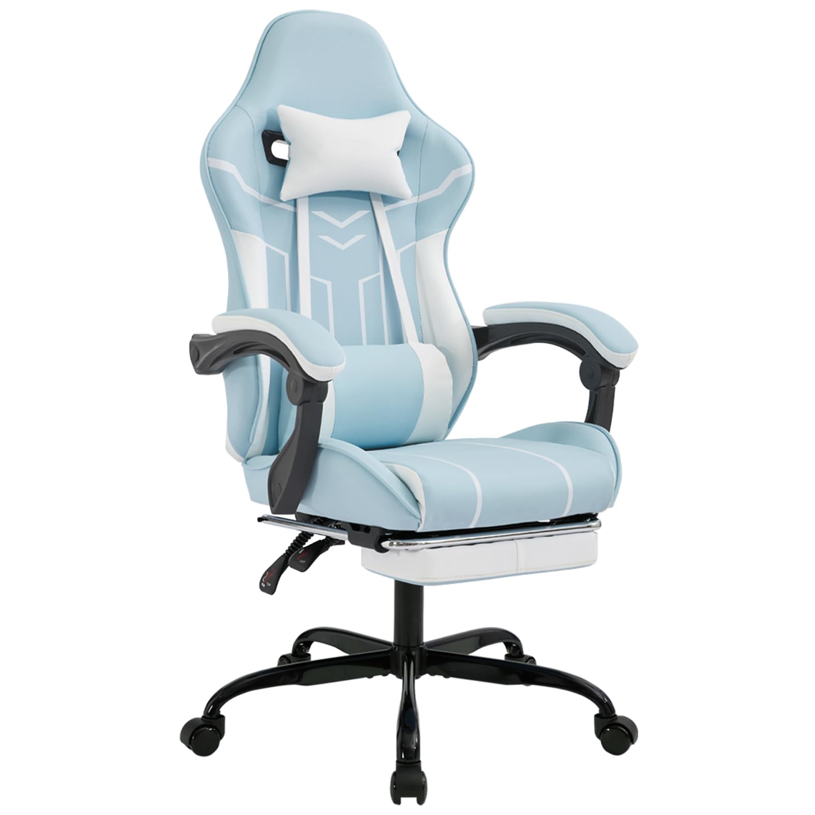 Blue Ergonomic Gaming Chairs for Adults, Swivel Height Adjustable Comfortable Office Desk Chair with Footrest and Lumbar Support, PU Upholstered Computer Chair with Headrest (Blue)