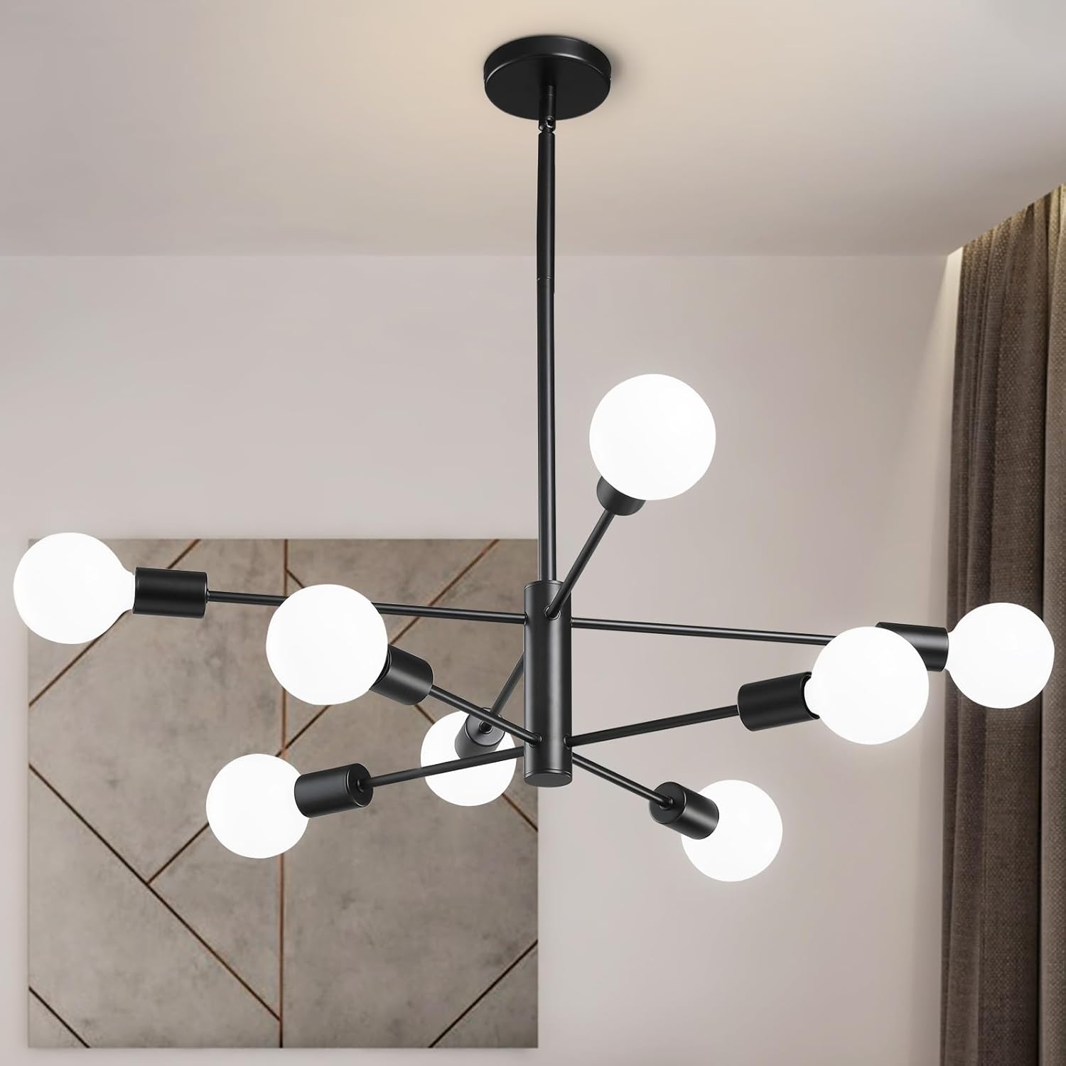 Modern Sputnik Chandeliers Light, 8-Light Black Chandeliers for Dining Room, Height Adjustable Ceiling Lights Farmhouse Chandelier for Kitchen Island Living Room Bedroom Black 8 Light
