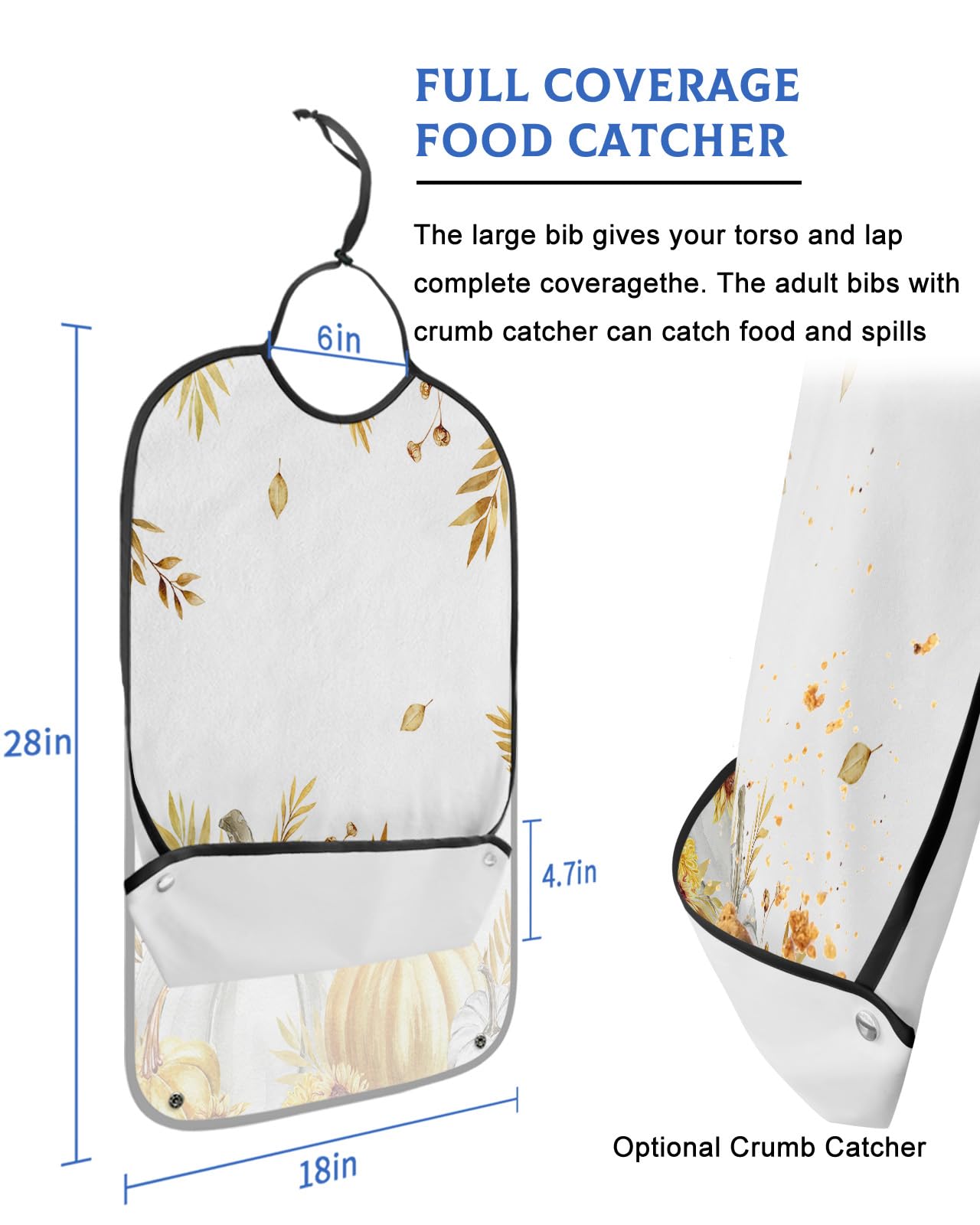 Gold Pumpkins Adult Bib for Eating with Crumb Catcher,Washable & Waterproof Terry Cloth Adjustable Elderly Women Men Adult Bibs Funny Clothing Protector Harvest Fall Thanksgiving Eucalyptus Sunflower
