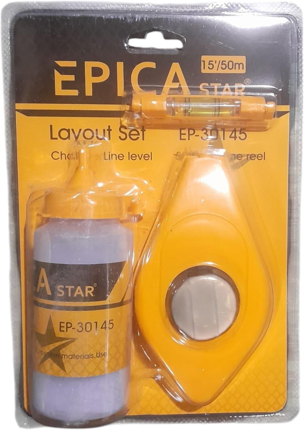 Layout Set (Chalk, Line Level, 50' Chalk Line Reel) 15'/50m (Pack of 10 Pieces).