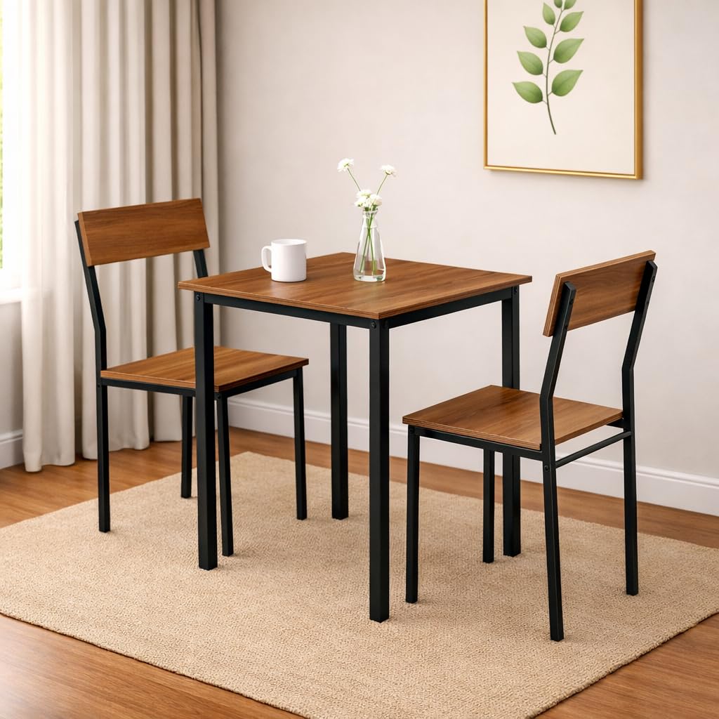 2 Seater Dining Table Set with Chairs | Small Square Wooden Dining Table with Metal Frame | Compact Kitchen & Dining Room Furniture for Home, Café, Office (Teak Walnut)-image-39