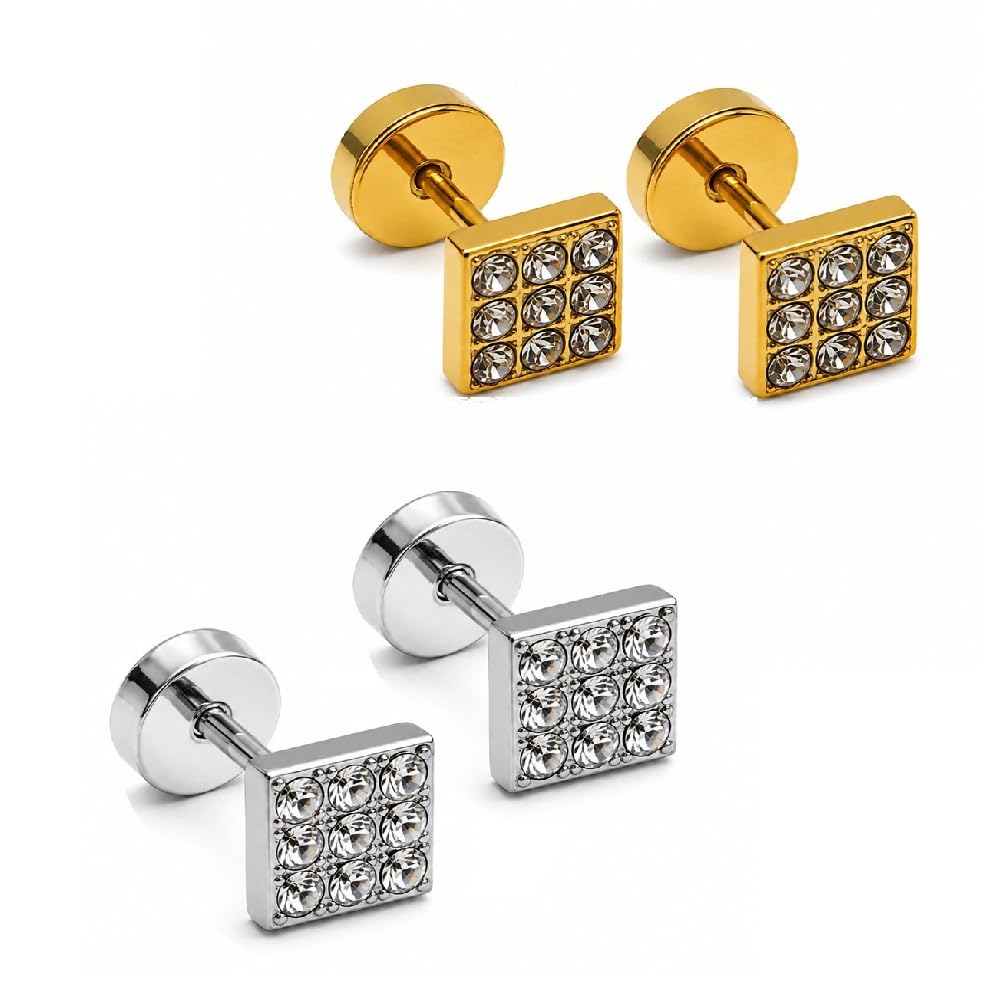 adhvik Combo of Men Golden Square & Silver Square with Stone Pairs Ear Earrings Designer Hoop Stud Combo Daily Styling-picture-24