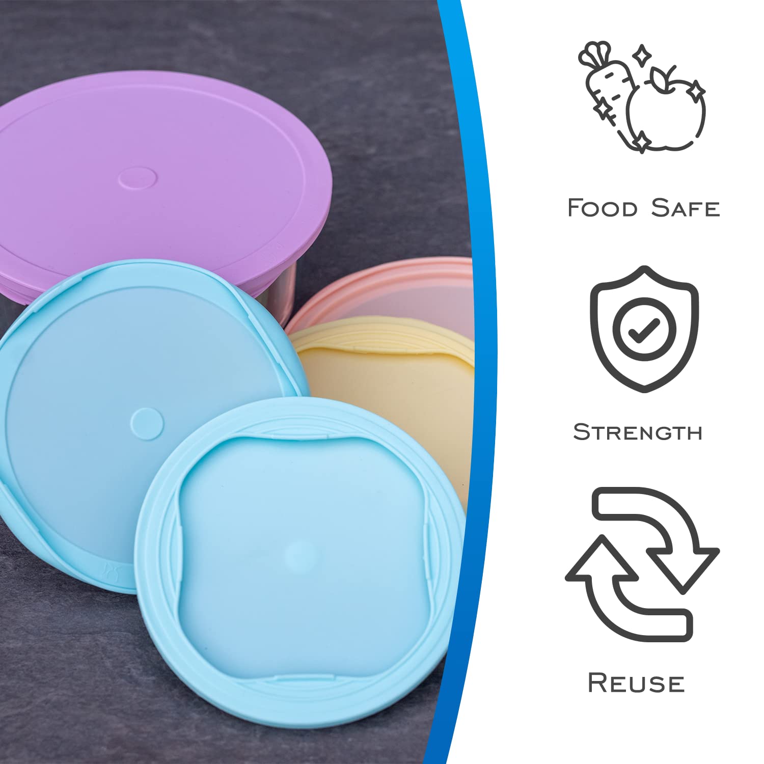 EDI Reusable Silicone Lids - Round Form Fitting, 6 Sizes, Microwave & Freezer Safe, Assorted Colors