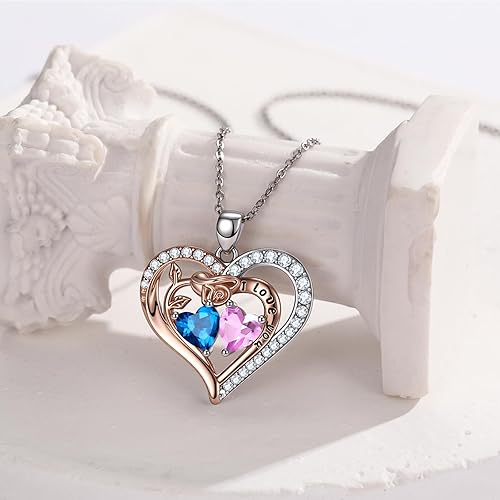 Miniatura 4 de Collares de corazón rosa para mujer, colgante de piedra natal de doble corazón superpuesto con relleno de oro rosa de 14 quilates, día de la madre,