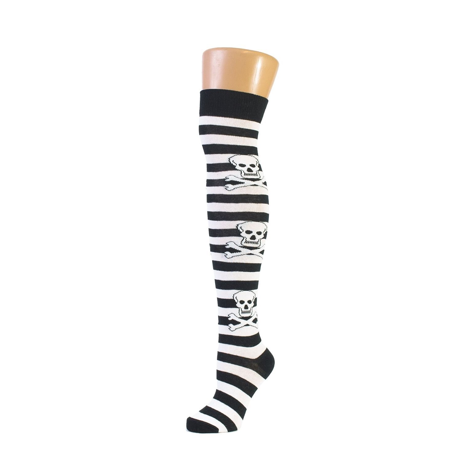 M Macahel Women's White Macahel Over The Knee Striped Skull Socks (White)