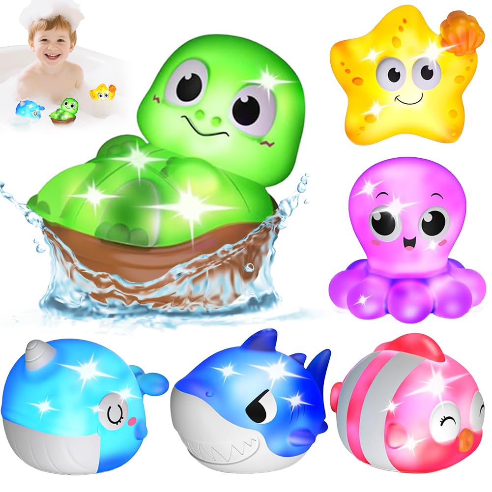 Light Up Bath Toys, 6 PCS Baby Bath Toys, Sensory Floating Ocean Animals, Baby Shower Toys with Flashing Lights, Birthday Gifts for Bathtub Toddler Kids Age 1-3