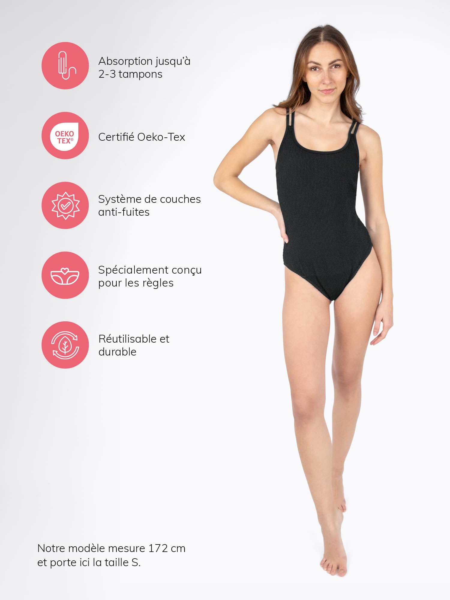 MYLILY Maillot de Bain Menstruel 1 Pièce Femmes, Filles & Adolescentes Nervuré | Maillot Règles pour Piscine & Mer | 2-3 Tampons | Anti-Fuite, Neutre Odeur, Oeko-TEX