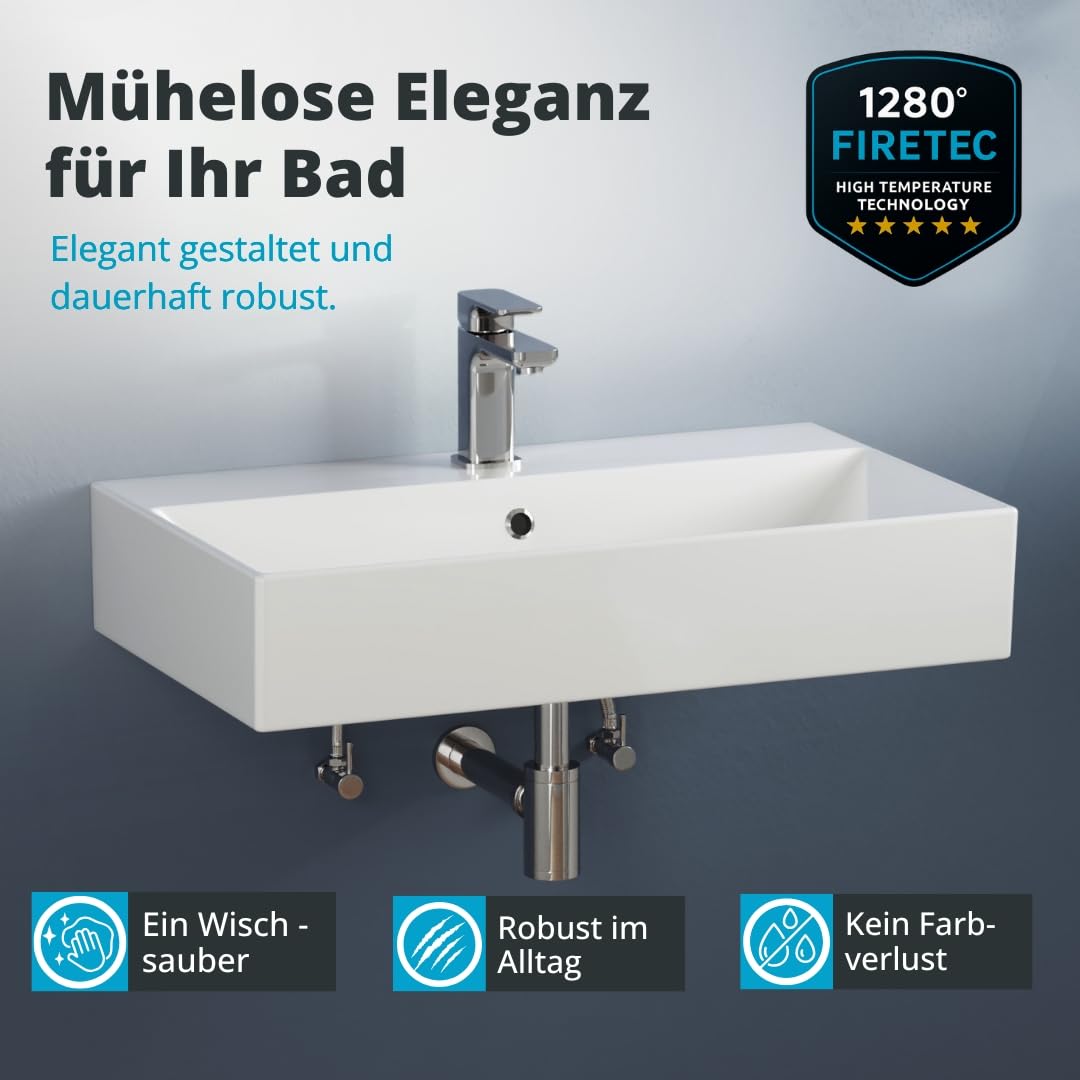 Aqua Bagno umywalka 70 cm prostokątna, ceramiczna biały połysk do montażu ściennego, z otworem na baterię i przelewem, nowoczesny design do łazienki, łatwa w czyszczeniu