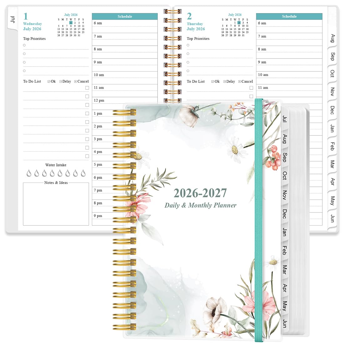 Agenda journalier 2026 - Page complète par jour - Agenda journalier et mensuel 2026 de janvier 2026 à décembre 2026 - Planning journalier 2026 avec onglets de 12 mois - 16,3 x 21,6 cm - Fleurs roses