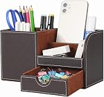 KINGFOM Organisateur de bureau fournitures de bureau Caddy Pu en cuir boîte de stockage multifonctions stylo/pencil, téléphone cellulaire, cartes de nom d'entreprise support de télécommande avec petit tiroir noir