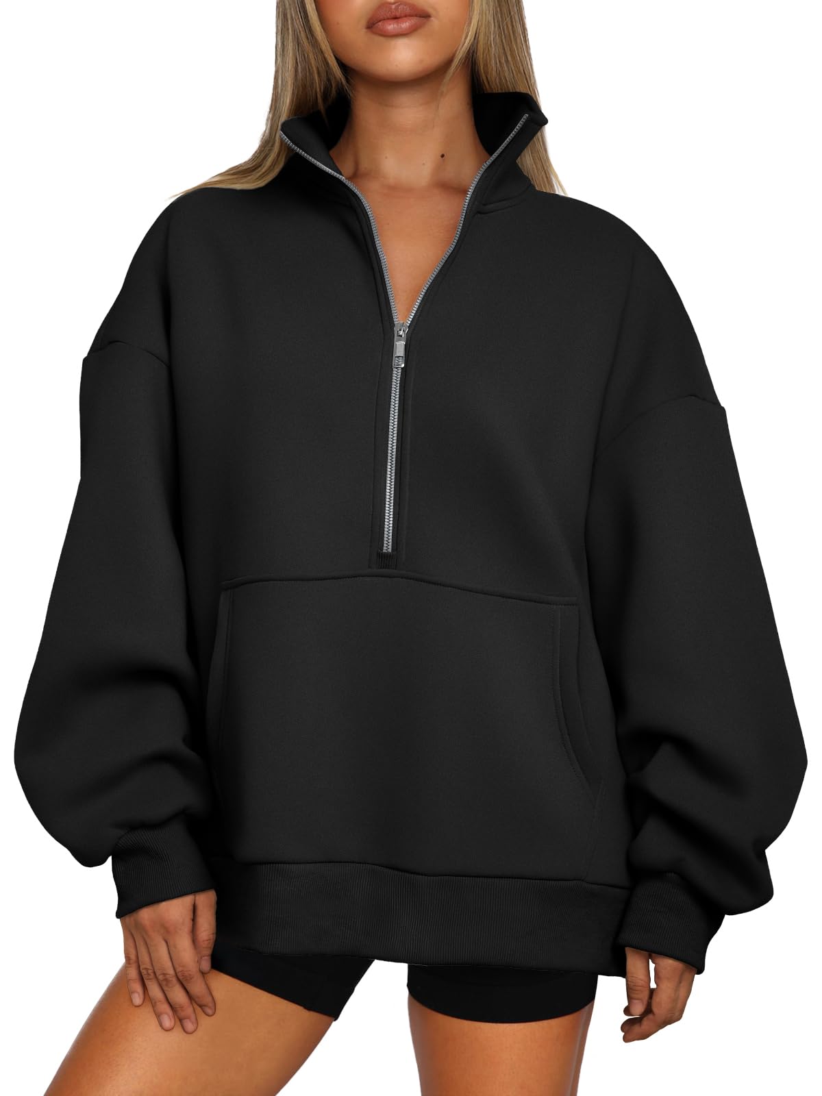 Trendy Queen Womens Half Zip Oversized Sweatshirts Casual Pullover Long Sleeve Shirts Fall Fashion 2024 Winter Clothes Black L