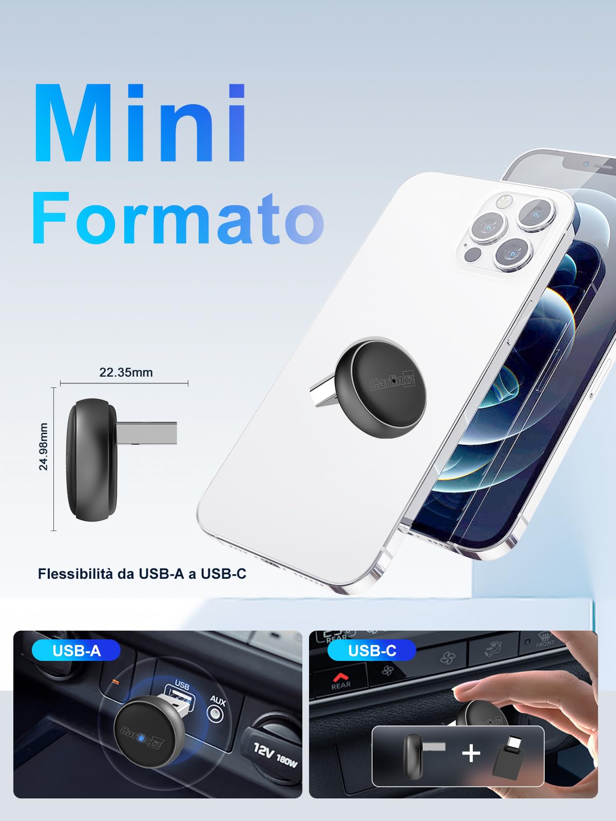 Carlinkit Mini Ultra Adattatore Wireless CarPlay & Android Auto, Converti il Sistema di Fabbrica da Cablato a Wireless, Connessione Rapida USB-A/USB-C per iOS 10+ & Android 11+, Plug & Play, Aggiornam