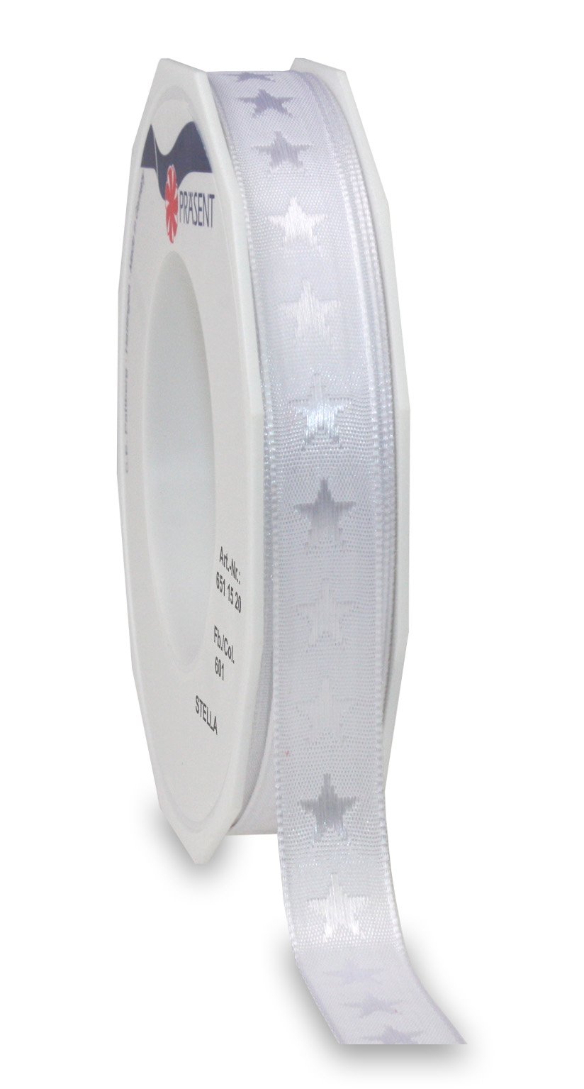 Präsent - Stella Woven Star Ribbon White 20-m-Roll 15 mm width, Gold