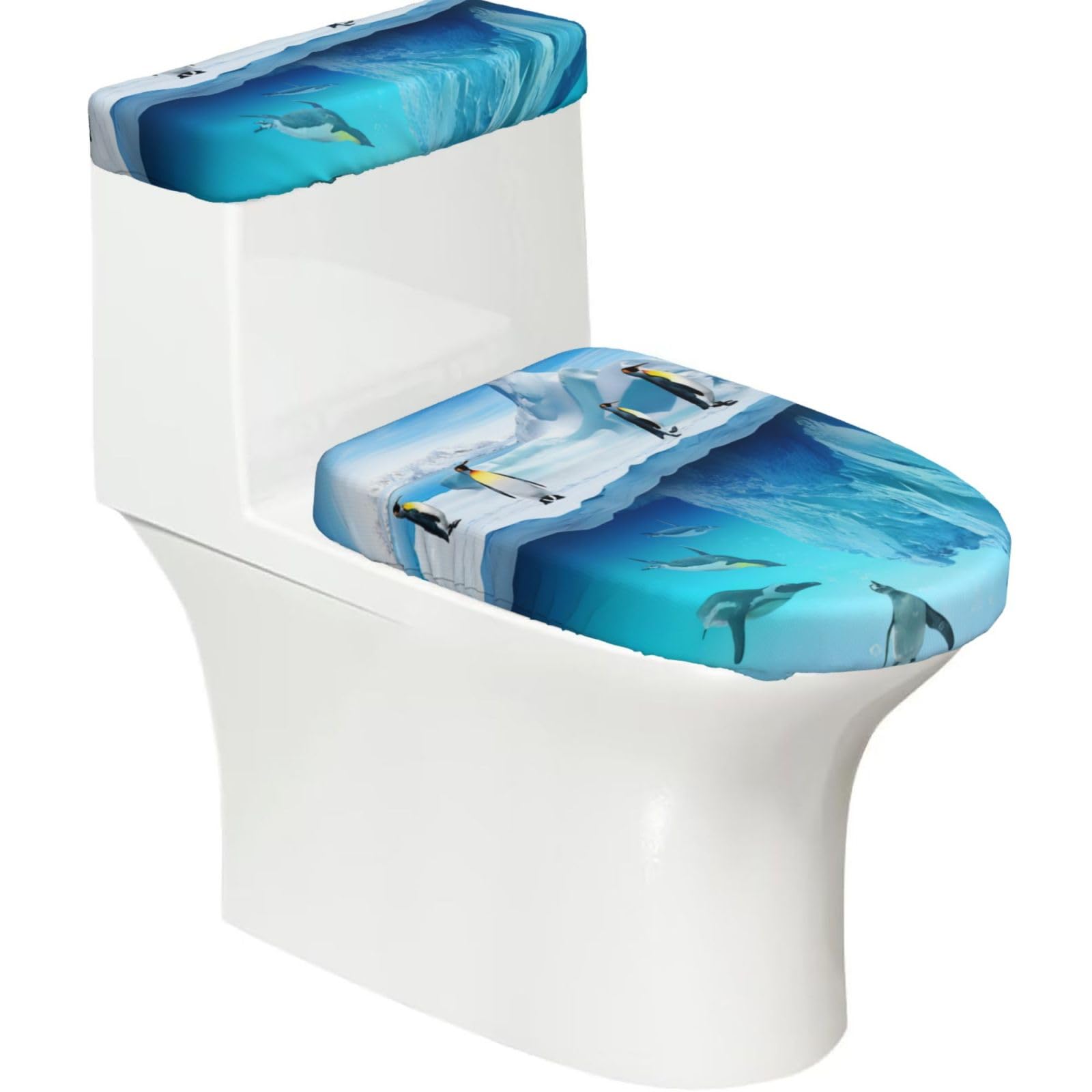 Penguins On The Iceberg 2-Piece Toilet Seat Cover Set with Tank Lid, Elastic Fit for U-Shape & Elongated Toilets, Bathroom Decor, Housewarming Gift