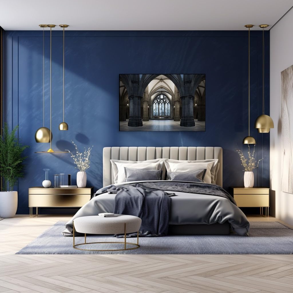 Canvas for Living room. Whispers of Grandeur in the Silent Stone Hallway - A Dance of Light and Shadows, 27 x 18 inch Canvas Wall Art - Ready to Hang