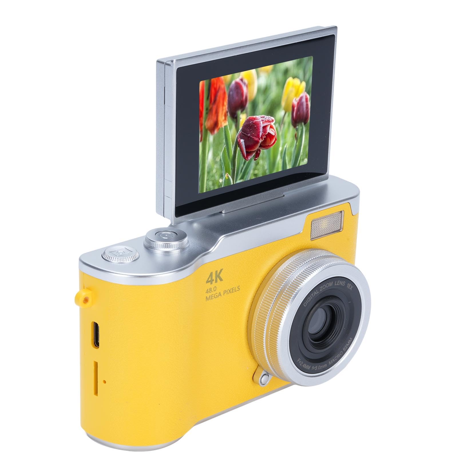 Cámara Digital para Fotografía, Cámara de Vlogging de 48MP 1080p con Pantalla de Volteo de 2,4 Pulgadas 180 °, 8X Cámara Retro Compacta de Zoom Digital (Yellow)