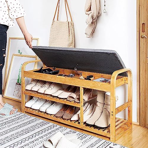 Banc à chaussures en bambou rembourré en lin pour entrée | Banc de rangement rustique 9