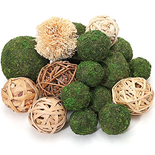 Jetec 18 Pcs Decorative Balls for Centerpiece Bowls 12 Green Moss Balls + 6 Wicker Rattan Cord Decorative Bowl Vase Fillers for Garden Vase Bowl Home Party Table Farmhouse Rustic Wedding Decor