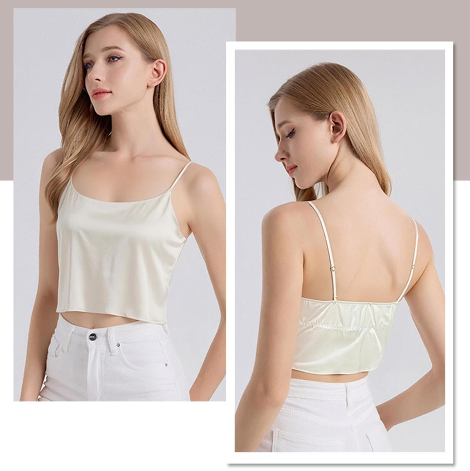 Crop Top da donna in 100% seta di gelso satinato, canotta con reggiseno integrato, sexy, senza maniche, canottiera estiva, elegante, top in seta, top casual per tutti i giorni