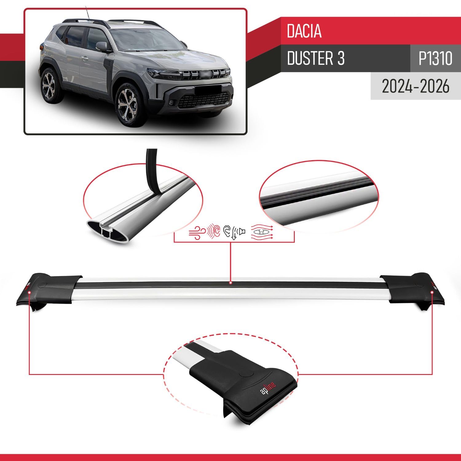 Kompatybilny z Dacia Duster 3 (P1310) 2024-2025 Fly Model bagażnik dachowy/reling, bagażnik na dach, bagażnik na samochód, szary, aluminium, 2 pręty
