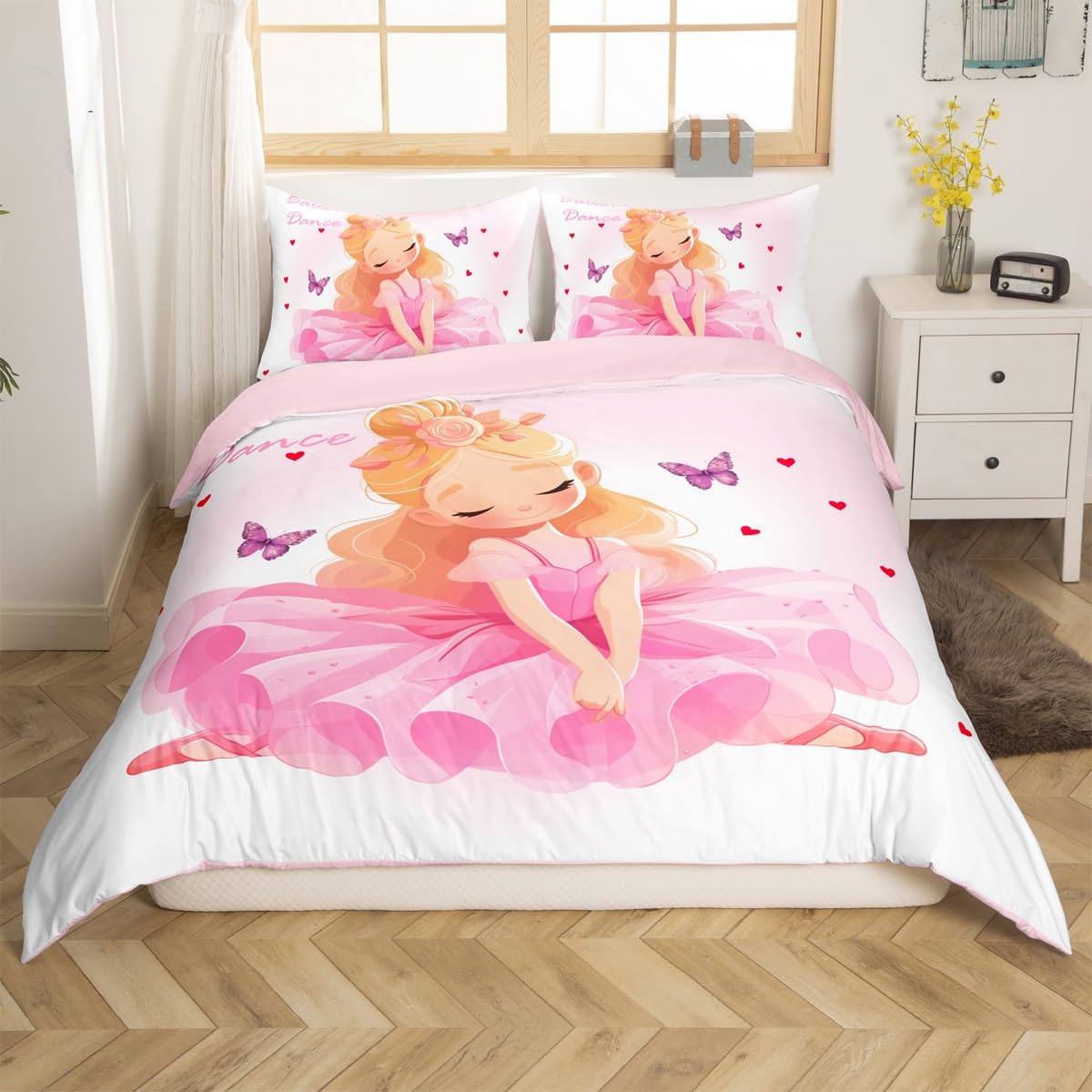 Loussiesd Girl Butterfly Duvet Cover Set Double Size For Kids Princess Teens Gymnast Sports Ballerina Bedding Set Ballet Dancer Comforter Cover with 2 Pillowcases