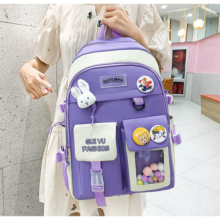 Juego de 5 bolsas escolares Kawaii con bolsa de almuerzo colgante, estuche para lápices, bolso de mano, monedero para adolescentes, mochila escolar, Púrpura