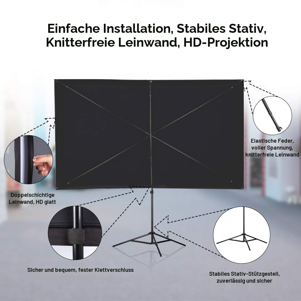 Projektor-Leinwand mit Ständer, 354 cm (100 Zoll), tragbare Projektions-Leinwand 16:9, 4K HD, für den Innen- und Außenbereich, Heimkino, Gartenkino