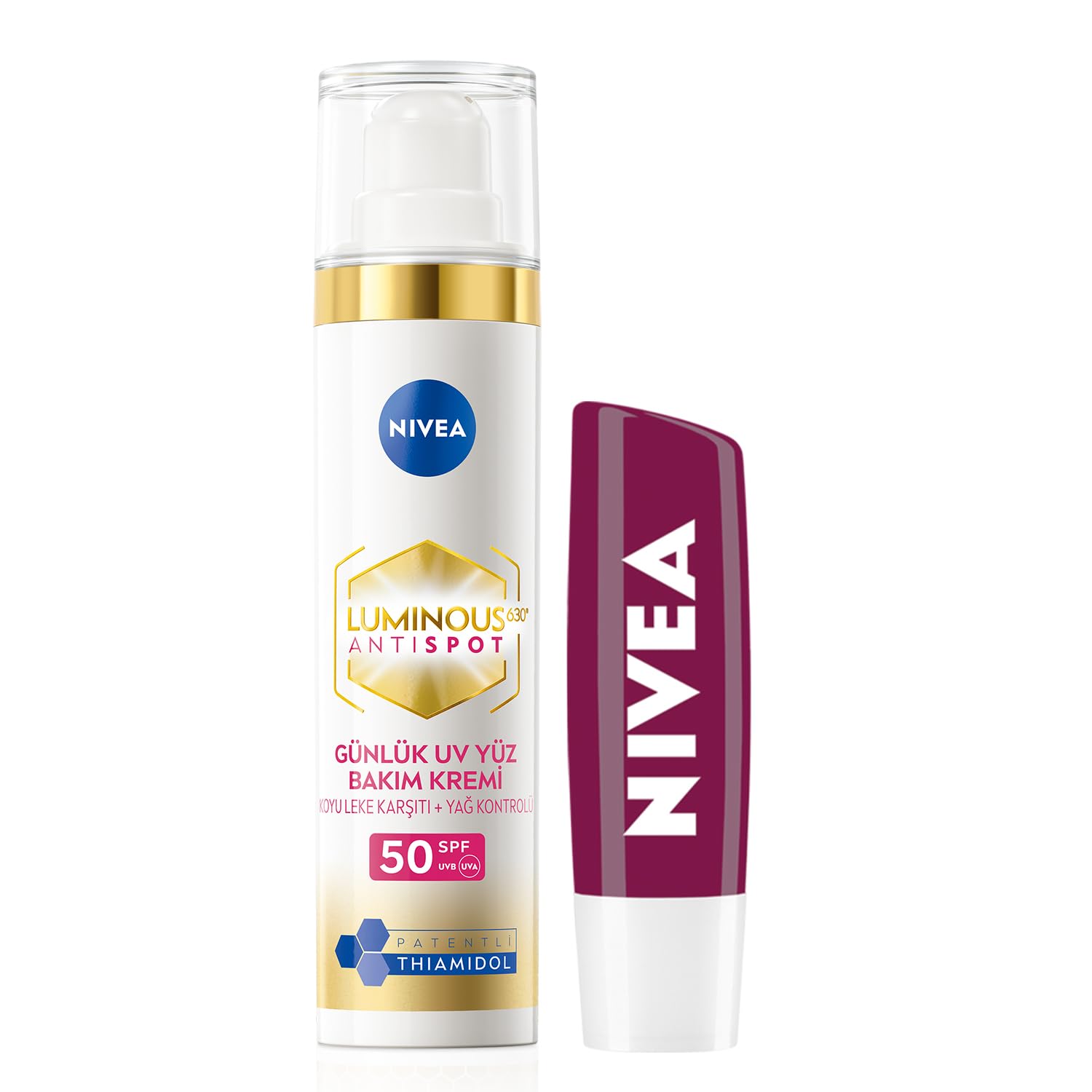 NIVEA Böğürtlen Dudak Bakım Kremi 4.8 gr+ NIVEA Luminous630 Leke Karşıtı Gündüz Bakım Kremi 40ml, SPF50