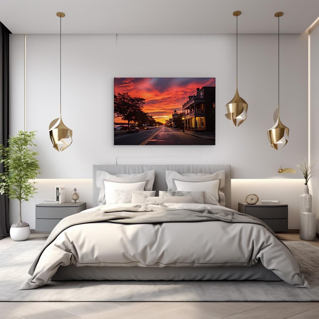 Canvas for Living room. Dawn's Drama on a Deserted Street: A Spectrum of Serenity, 27 x 18 inch Canvas Wall Art - Surrealistic Visions - Modern Home Decor