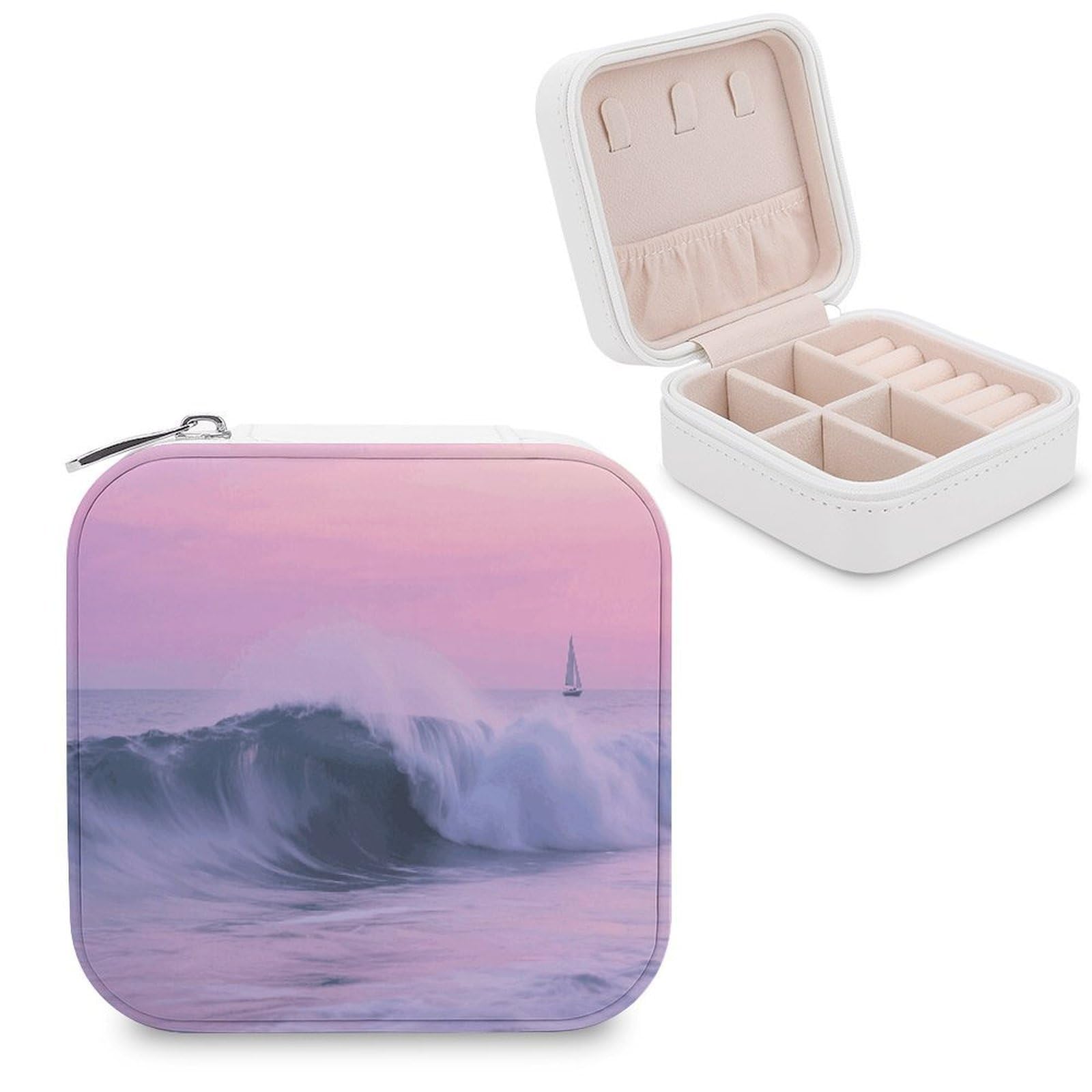 VstaDank Ship Sea Waves Jewelry Box for Women Jewelry Organizer Storage Case with Zipper Mini Travel Jewelry Case Cute Trinket Organizer Leather Portable Jewelry Storage Box