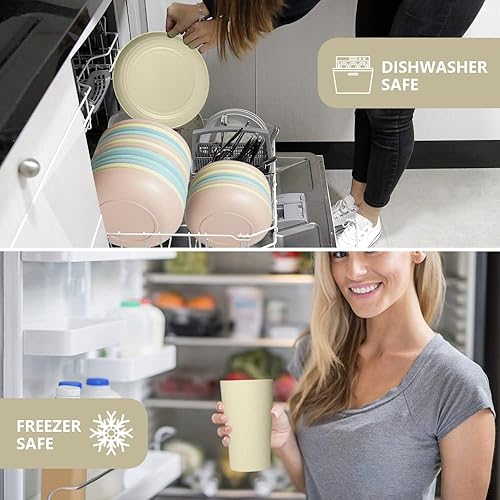 Miniatura 4 de Teivio - Juego de vajilla de paja de trigo, platos para platillo principal, plato de postre, cuencos para cereales, vasos, platos de plástico