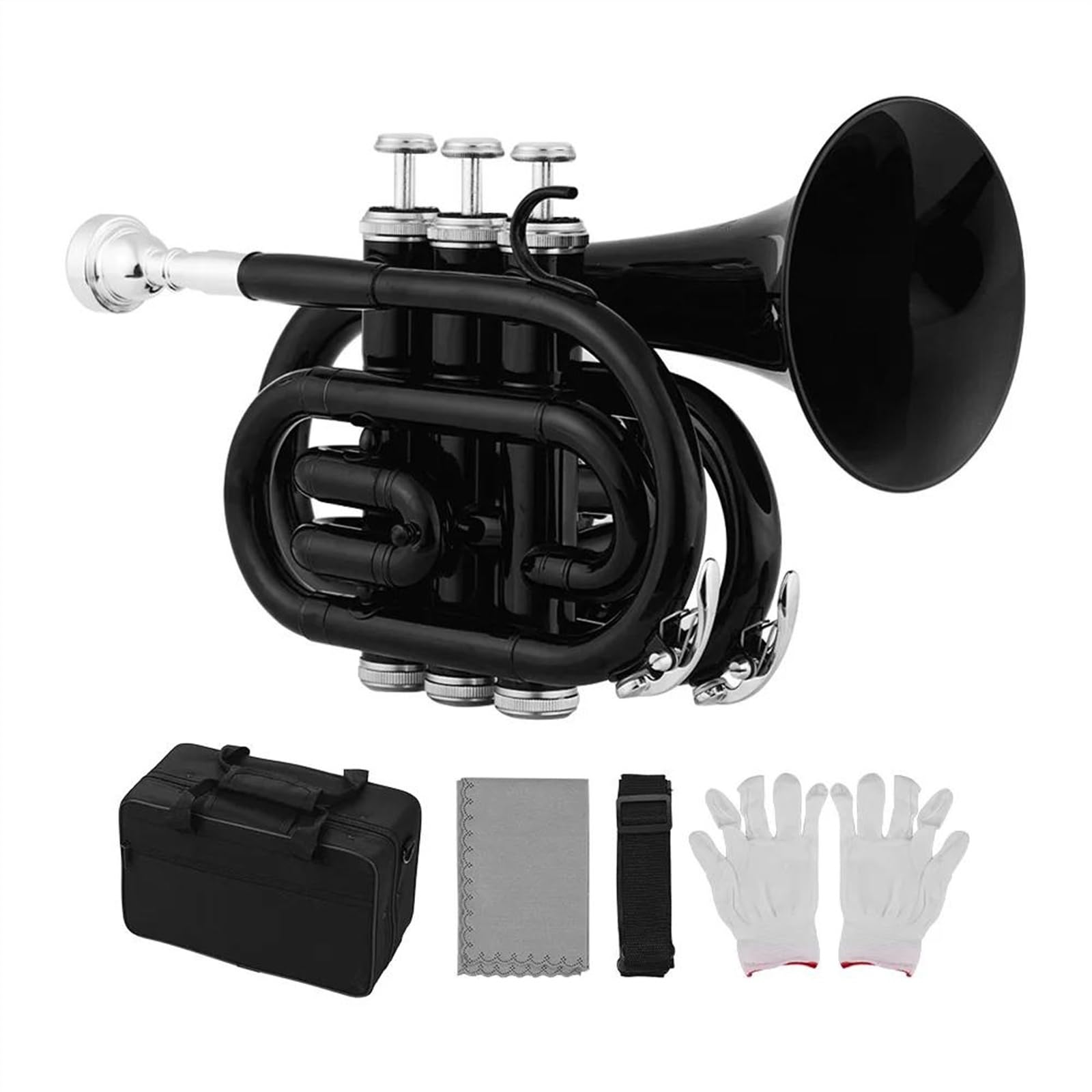 Trombette Mini Tromba Tascabile Sib Strumento A Fiato In Ottone Guanto Custodia Per Il Trasporto Strumento Musicale Professionale Tromba(Black)
