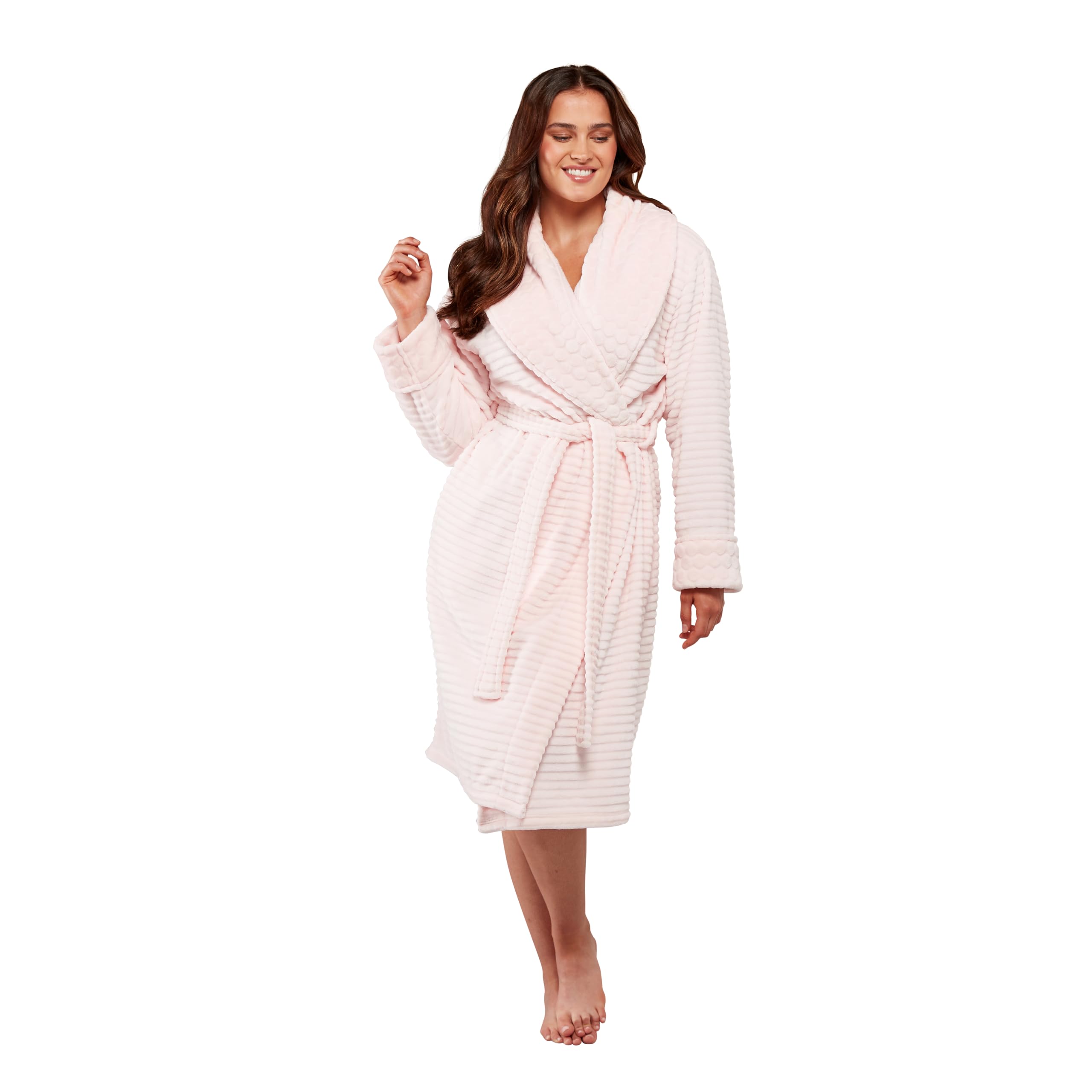 Wysteria Lane Women's Pink Supersoft Ribbed Dressing Gown Robe In M/L (Uk 14-16, Eu 42-44)