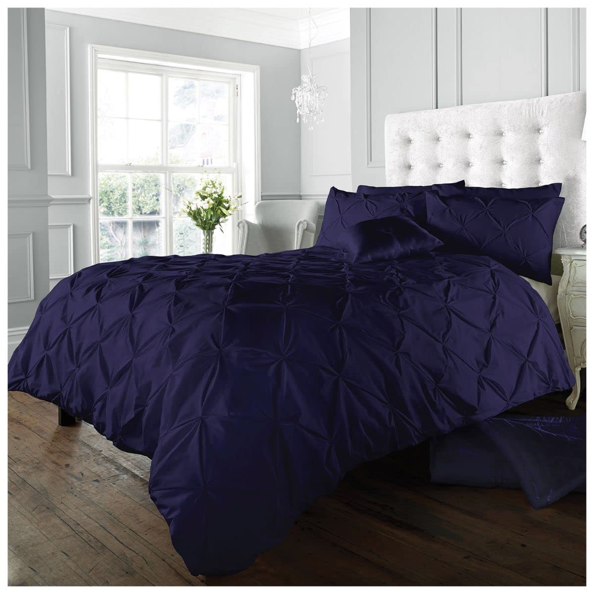Polycotton Pintuck Duvet Cover With Pillowcases - Navy - Single Size - Smart Living