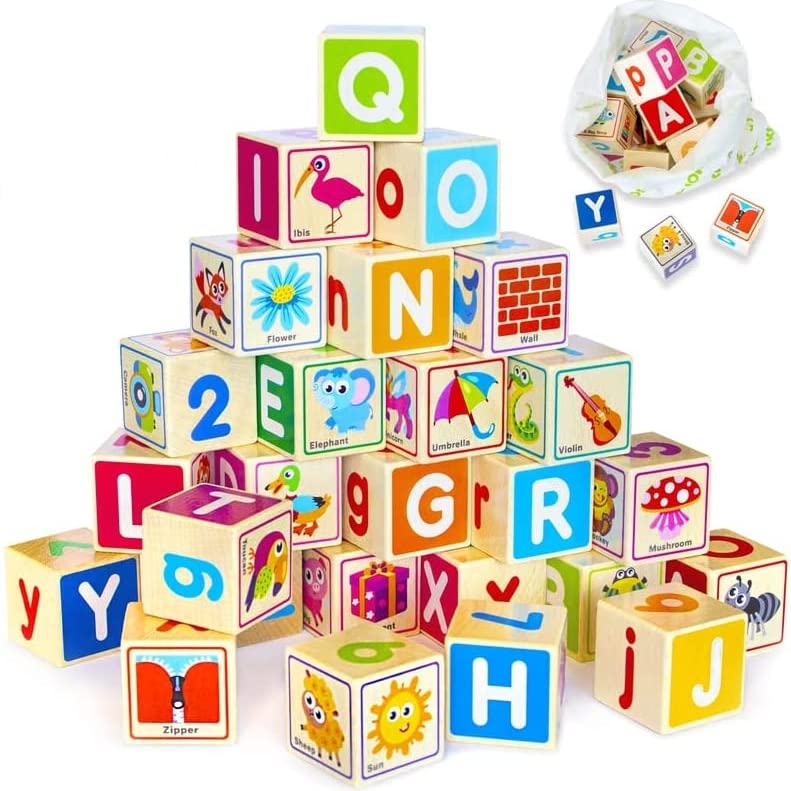 PYEBE Wooden Blocks for Toddlers 1-3 - 26 ABC Learning Baby Blocks for Kids 3-5 Year Olds Stacking Alphabet Wood Toys for 2-4 yo - Educational with Letters Numbers (Wooden Blocks)