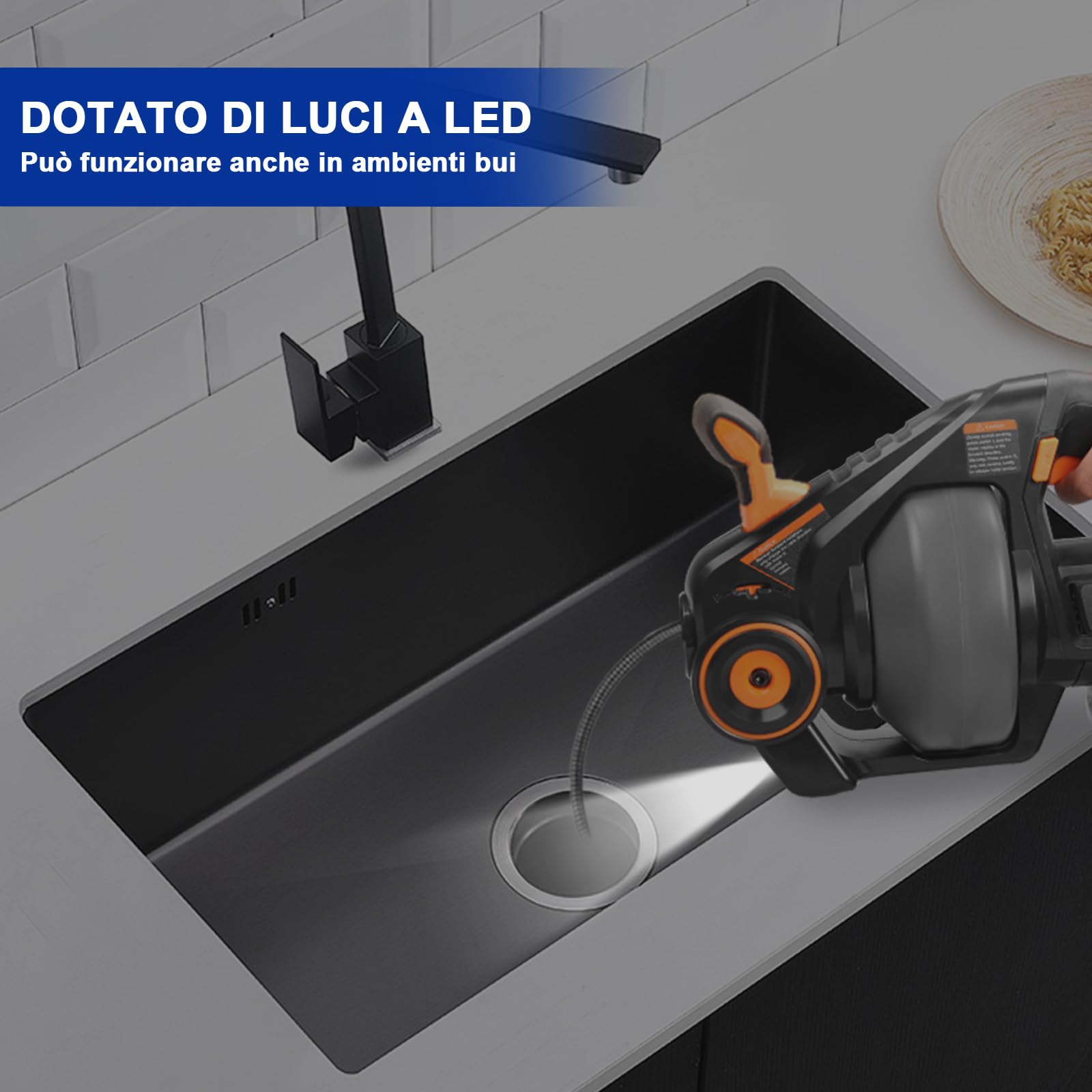 7,6M Trivella di Scarico Elettrica, 18V (Max 20V) Pulitore di scarico senza fili per WC, Fogna, Bagno, Lavello, Tubo 1,9-5CM