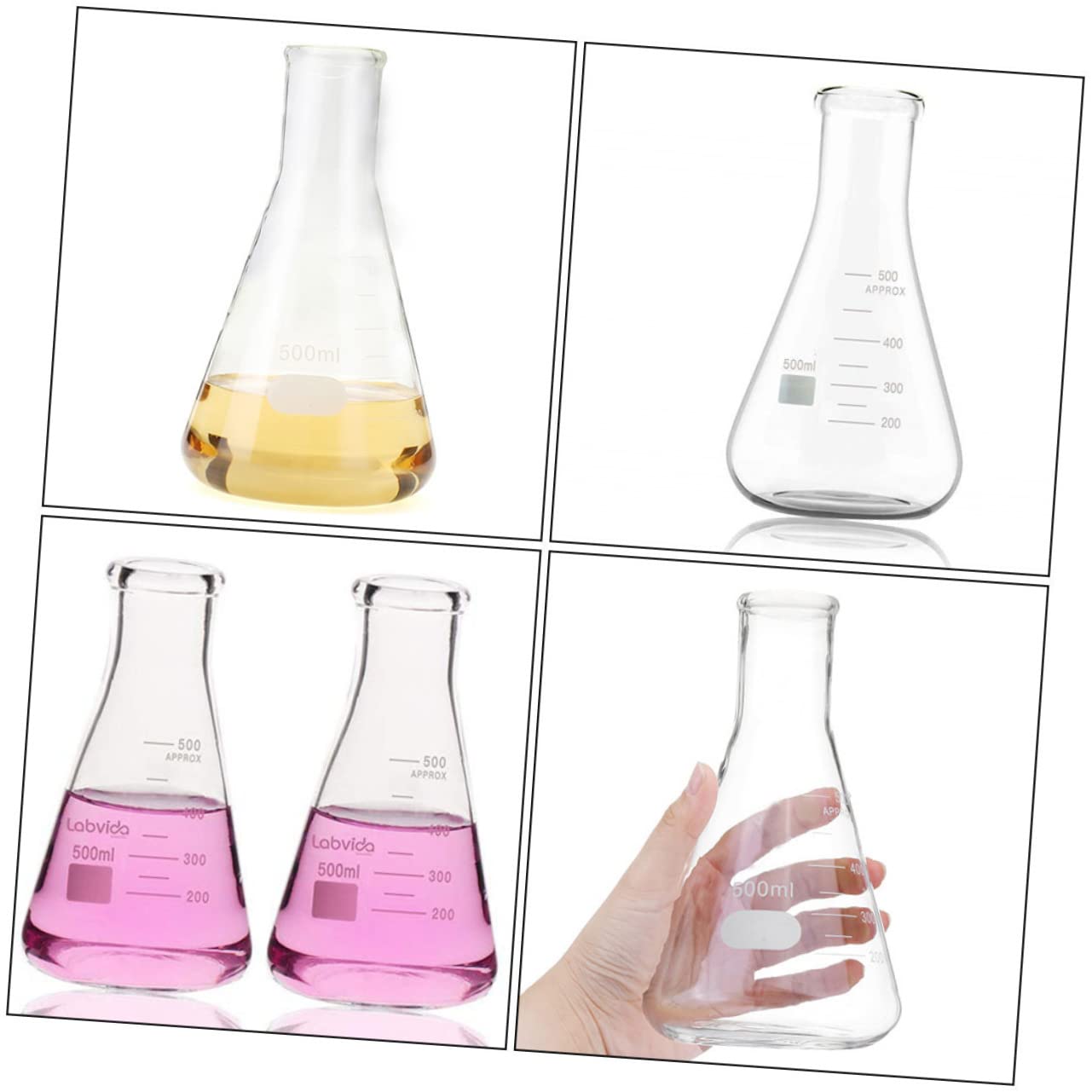 PLAFOPE Matraz Cónico de Vidrio Engrosado 5 Piezas para Laboratorio | Cuello Estrecho, Fondo Plano y Graduaciones Estándar, Área de Marcado Amplia, Capacidades 50ml a 1000ml