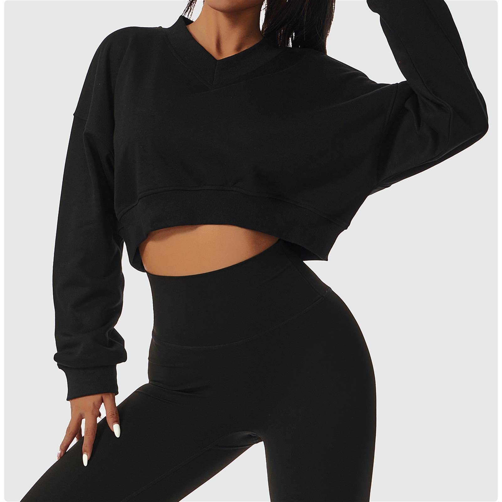 Damska luźna bluza sportowa z długim rękawem dekolt w serek sweter na co dzień topy crop trening gorset kurtka outdoorowa odzież fitness, czarna, 8/S