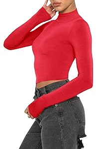 REORIA Women's Basic Cute Mock Turtleneck Long Sleeve Ribbed Tight Tshirts Crop Tops