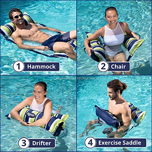 Image of Aqua 4-in-1 Deluxe Monterey, Resort-Quality Pool Float and Water Hammock,Multi-Purpose, Inflatable Pool Floats for Adults with Thick, Durable Material, Navy /Green Stripe