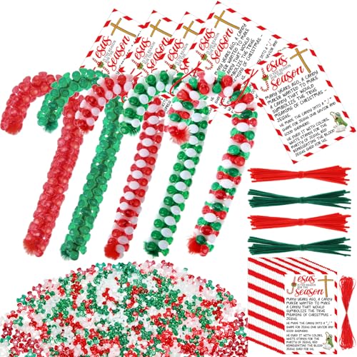 Hollowfly 48 Set Christmas Meaning of The Candy Cane Craft Kit DIY Christmas Tri Beaded Ornament Includes 2160 Plastic Tri Beads 48 Cards 48 Chenille Stems for Jesus Religious Crafts Xmas Tree Decor