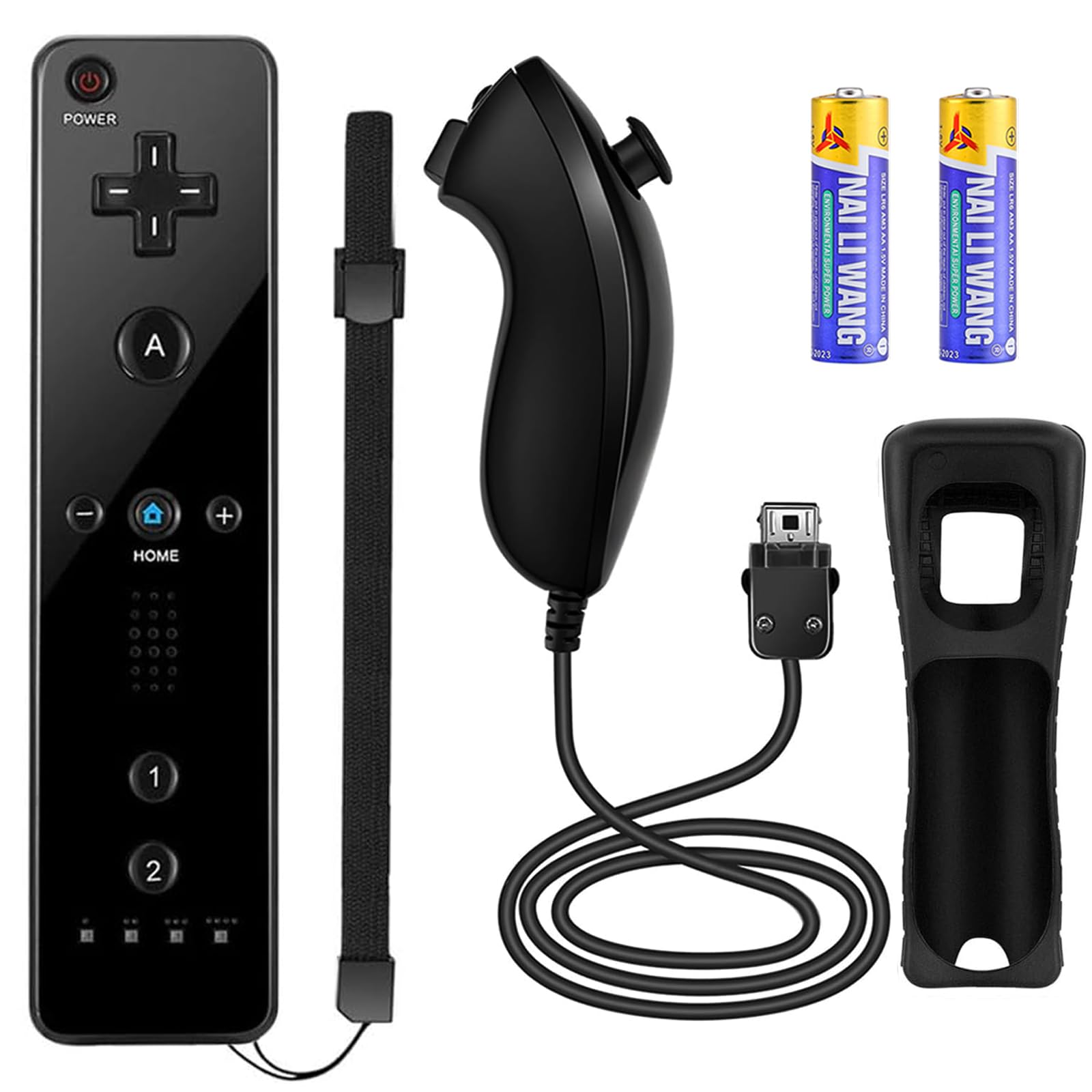 Compatible with Nintendo Wii Controller, Wii Remote with Nunchuck and Nunchuck Controller with Silicone Case and Wrist Strap for Wii and Wii U, Included 2 AA Batteries (Black), YO-WII-R001