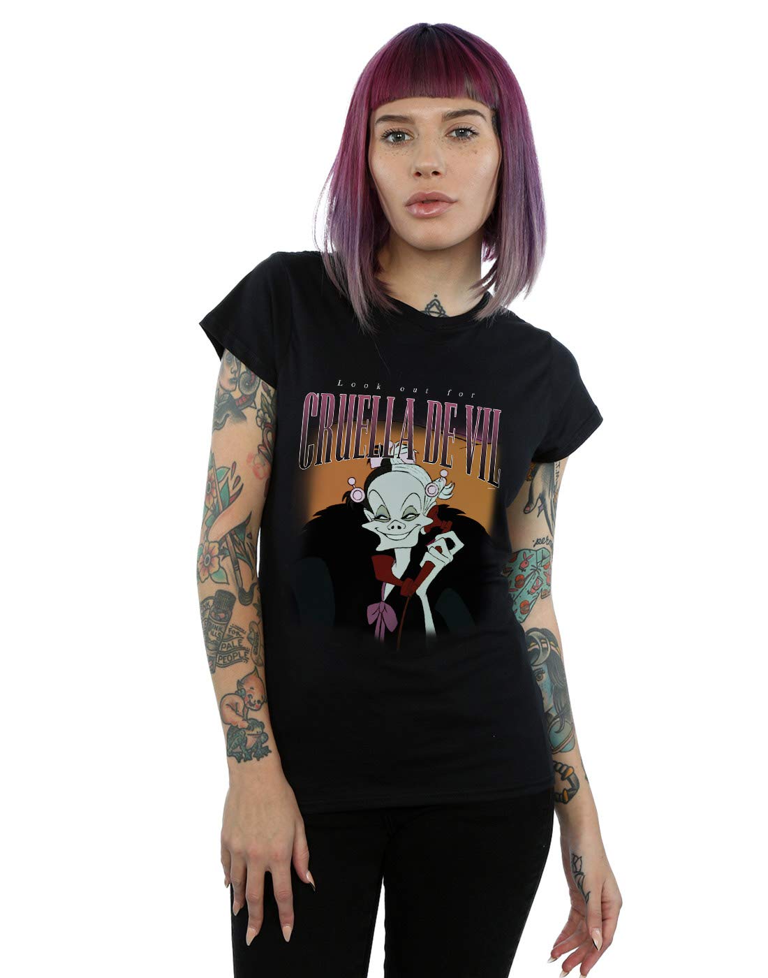 Absolute Cult Women's Black Disney Cruella De Vil Homage T-Shirt Medium