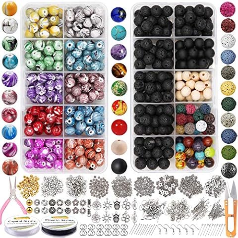 EuTengHao 1146Pcs Lava Beads Round Loose Marble Beads Ink Patterns Chakra Beads with Spacer Beads Pendants Jewelry Findings for Adult DIY Bracelet Necklace Earring Jewelry Making Crafts Cover