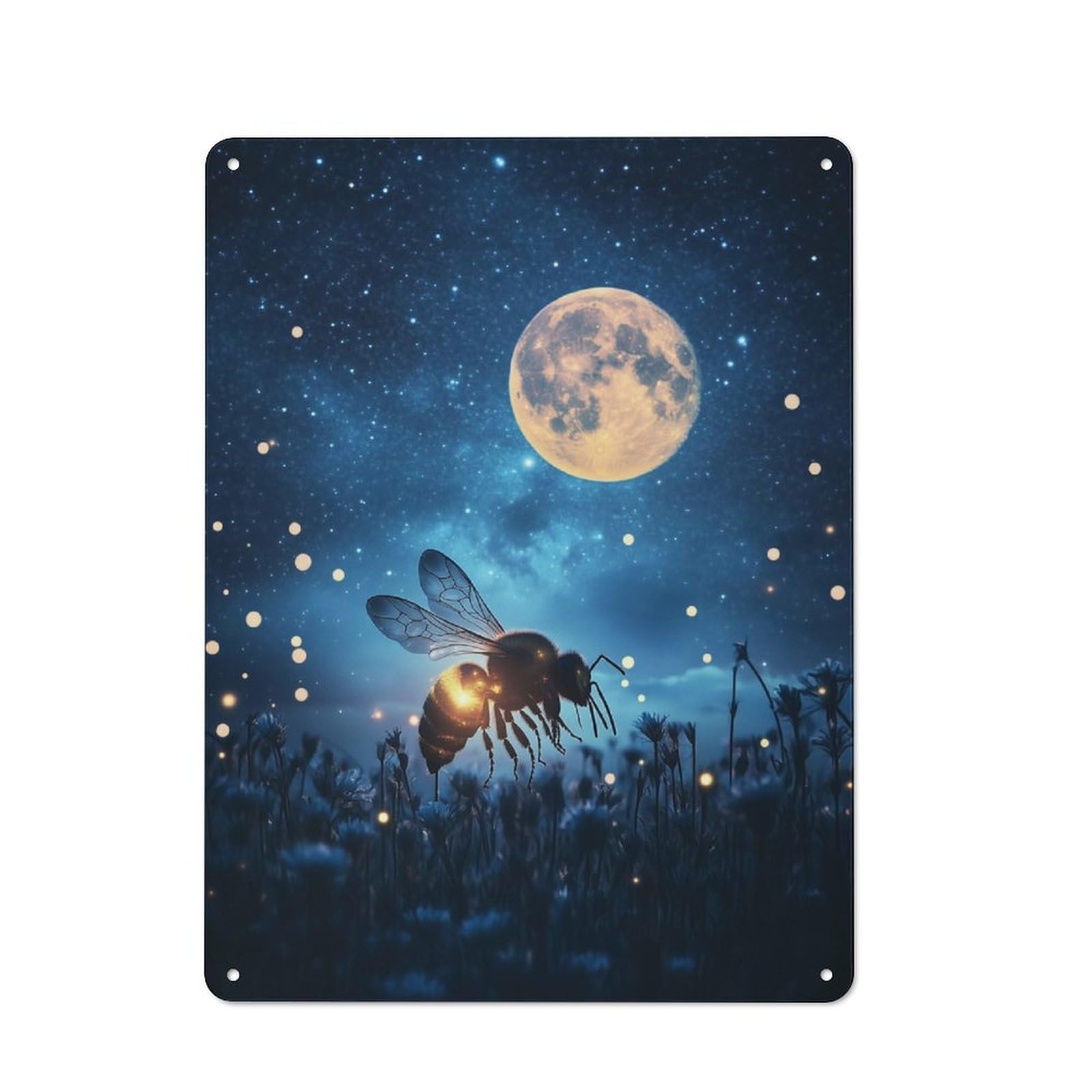 Bumblebee In Moonlight Retro Tin Wall Plaque 40x30cm for Hobby Room Or Studio, for Garage, Workshop And Man Cave Decoration
