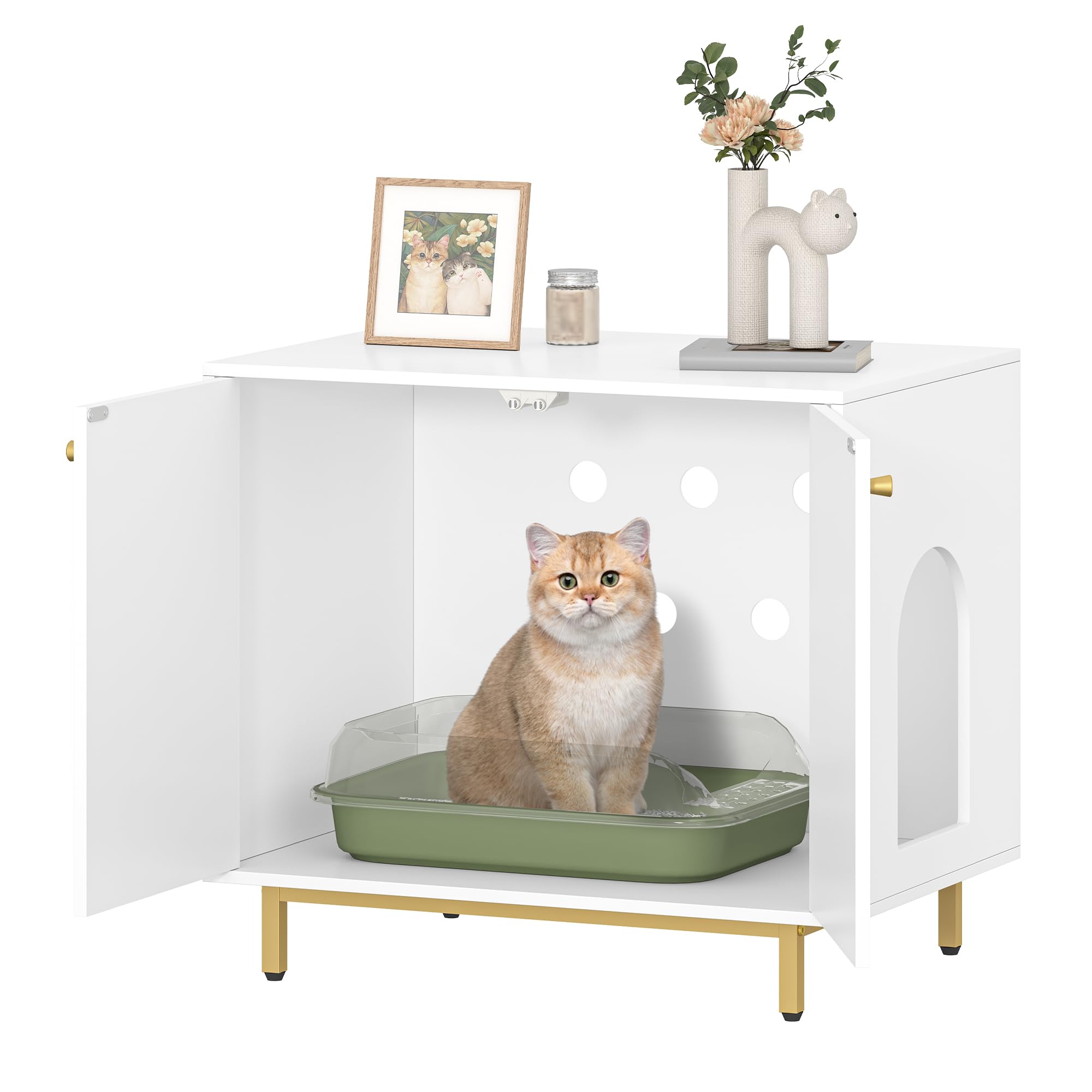 Hzuaneri Caja de Arena para Gatos, Muebles de Caja de Arena, Mesa Auxiliar para Casa de Mascotas, Banco de Gabinete de Almacenamiento, se Adapta a la Mayoría de Gatos, Blanco y Dorado CB85003G