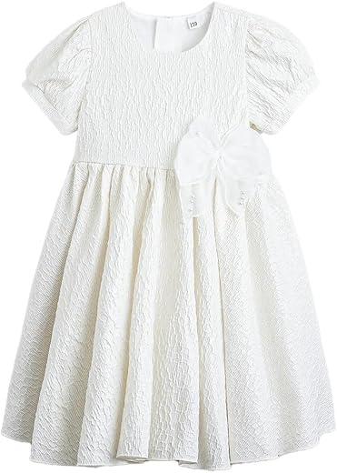 Hopscotch Girls Bow Applique Textured Party Dress in White Color